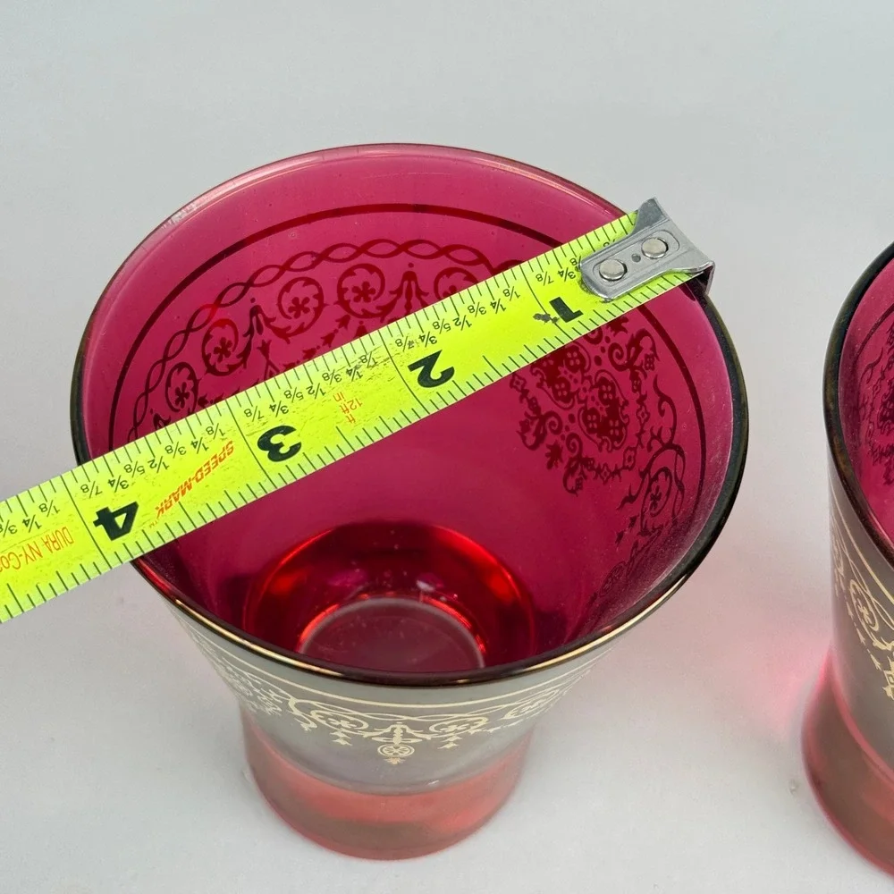 Timon Collezione Ruby Red Glass Tumblers Gold Gilt Floral Scroll Set of 2